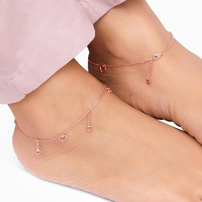 LukGud  silver Rose Gold String Of Hearts Anklets| Gifts for Women and Girls |