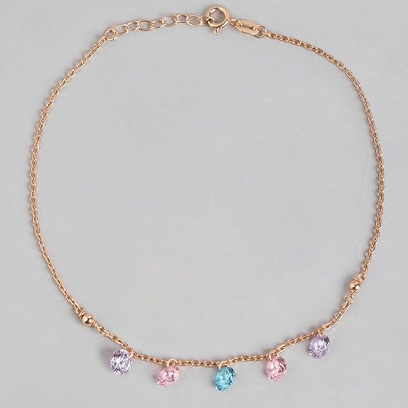 Silver Coloured Stones Rose Gold Plating Chain Anklet (Pair) Gift for Women & Girls |