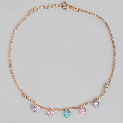 Silver Coloured Stones Rose Gold Plating Chain Anklet (Pair) Gift for Women & Girls |