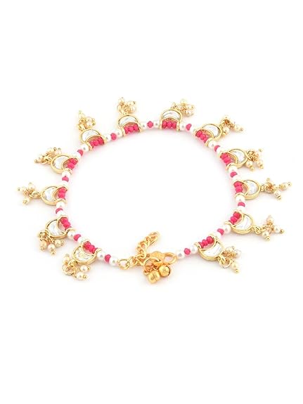 LukGud  Pink Crystals Beaded Crescent Shape Kundan Drop Anklets (2 Payals) For Women