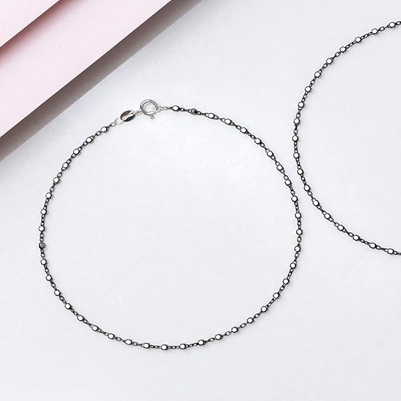 LukGud Silver Beaded Black Rhodium Plated Chain Anklet (Pair) | Gift for Women & Girls |