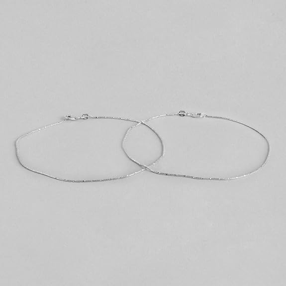 LukGud Silver Designer Sleek Minimal Rhodium Plated Chain Anklets (Pair) for Women | Stylish Silver Jewellery |