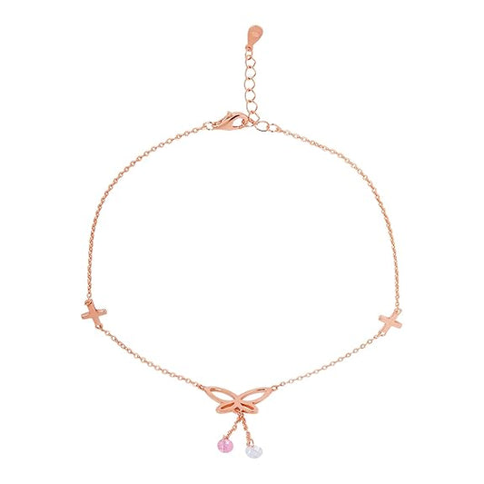 LukGud Silver Butterfly with Pink & White Drops Rose Gold Plating Anklet (Pair) | Gift for Women & Girls |