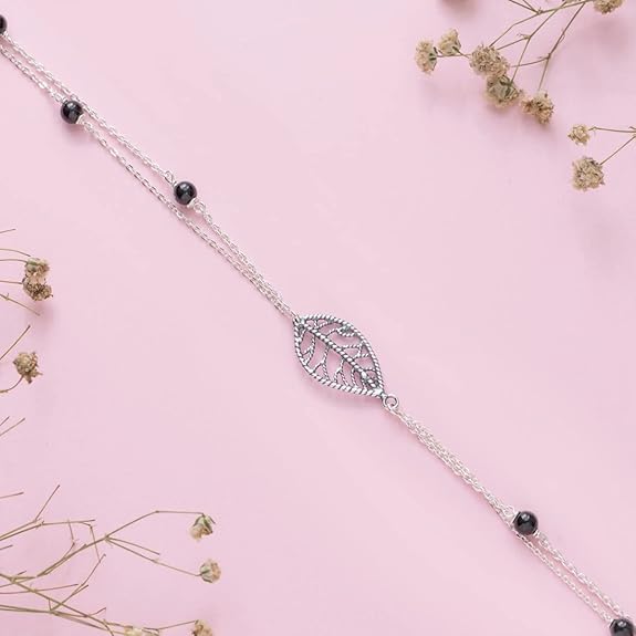 Silver Layered Designer Leaf Beaded Rhodium Plated Adjustable Chain Anklet (Single) | Gift for Women & Girls