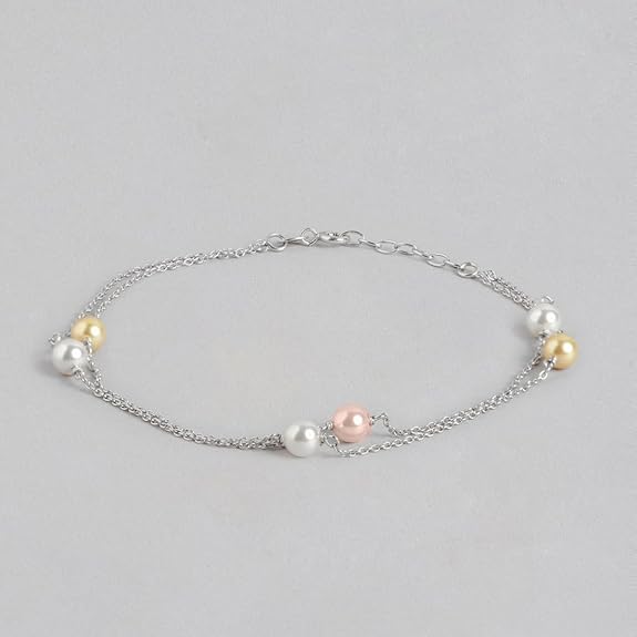 LukGud  Silver Freshwater Pearl Minimal Rhodium Plating Chain Anklet (Single) | Gift for Women & Girls |