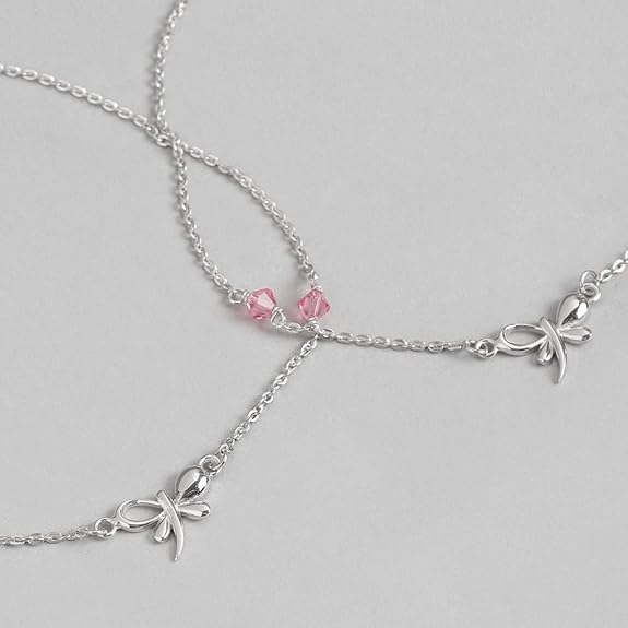 LukGud Silver Designer Pink Cubic Zirconia CZ Butterfly Adjustable Rhodium Plated Chain Anklet (Pair) | Gift for Women & Girls