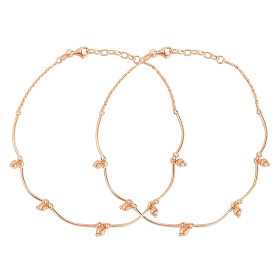 LukGud 925 Sterling Silver Beads Rose Gold Plating Hanging charm anklet (Pair) | Gift for Women & Girls