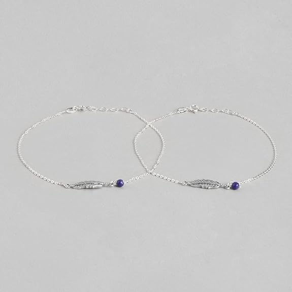 LukGud Silver Beads Leaf Rhodium Plating Chain Anklet (Pair) | | Gift for Women & Girls |