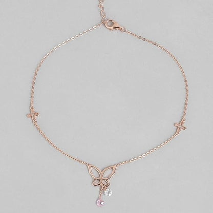 LukGud Silver Butterfly with Pink & White Drops Rose Gold Plating Anklet (Pair) | Gift for Women & Girls |