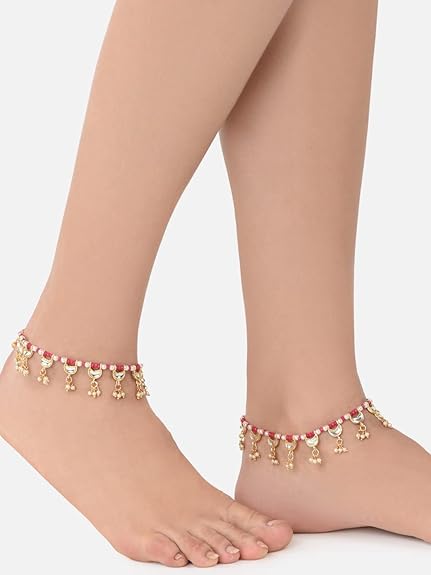 LukGud  Pink Crystals Beaded Crescent Shape Kundan Drop Anklets (2 Payals) For Women