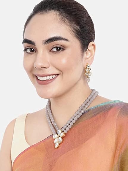 LukGud 18k Gold Plated Traditional Kundan & Pearl Studded Necklace Jewellery Set For Women