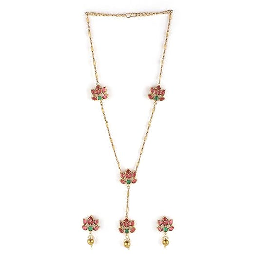 LukGud Gold-Plated Lotus Motif Ruby and Emerald Studded Jewellery Set For Women