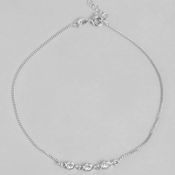 LukGud Silver Designer Cubic Zirconia Rhodium Plated Adjustable Chain Anklet (Single) | Gift for Women & Girls