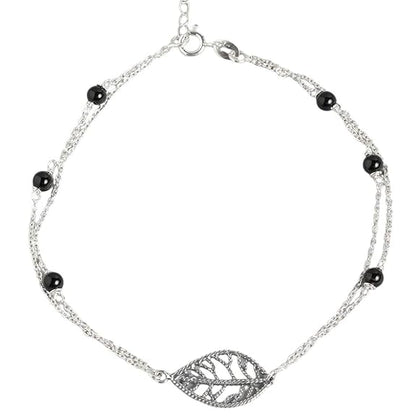 Silver Layered Designer Leaf Beaded Rhodium Plated Adjustable Chain Anklet (Single) | Gift for Women & Girls