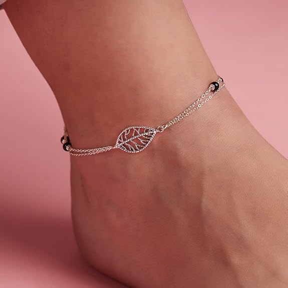 Silver Layered Designer Leaf Beaded Rhodium Plated Adjustable Chain Anklet (Single) | Gift for Women & Girls