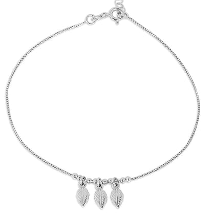 LukGud  Silver Leaves Beaded Rhodium Plated Adjustable Chain Anklet (Single) | Gift for Women and Girls |