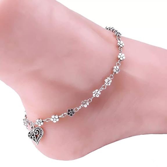 LukGud Oxidised Silver Floral Single Stylish Anklet for Women & Girls(Silver)