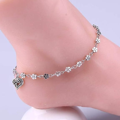 LukGud Oxidised Silver Floral Single Stylish Anklet for Women & Girls(Silver)