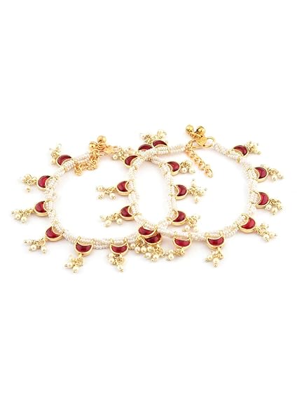 LukGud Pink Crescent Shape Kundan Drop Multistrand Anklets (2 Payals) For Women