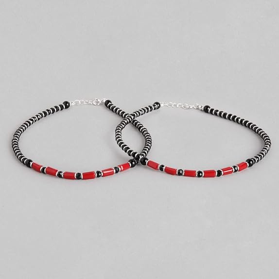 LukGud Silver Designer Black and Red Rhodium Plated Adjustable Beaded Anklet (Pair) | Gift for Women & Girls |