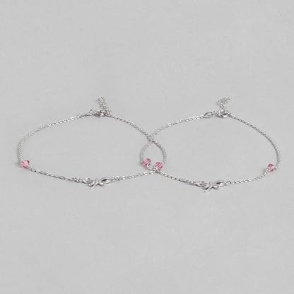 LukGud Silver Designer Pink Cubic Zirconia CZ Butterfly Adjustable Rhodium Plated Chain Anklet (Pair) | Gift for Women & Girls