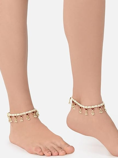 LukGud Pink Crescent Shape Kundan Drop Multistrand Anklets (2 Payals) For Women