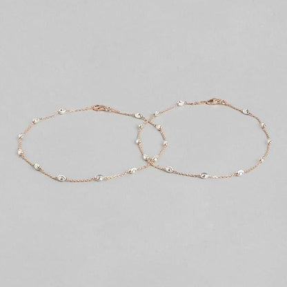 LukGud 925 Sterling Silver Anklet (Pair) | Beads Chain Rose Gold Plating Chain | Gift for Women & Girls |