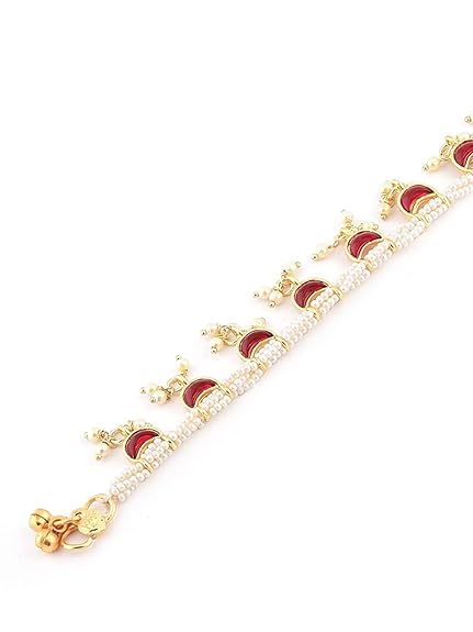 LukGud Pink Crescent Shape Kundan Drop Multistrand Anklets (2 Payals) For Women