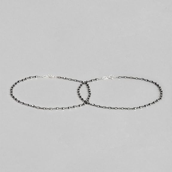 LukGud Silver Beaded Black Rhodium Plated Chain Anklet (Pair) | Gift for Women & Girls |