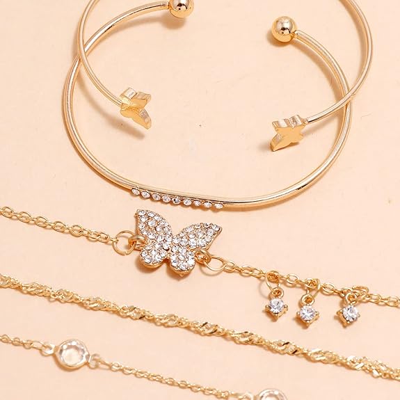 LukGud Set of 5 Stylish Multilayer Crystal Bangle Gold Plated Bracelet for Women and Girls