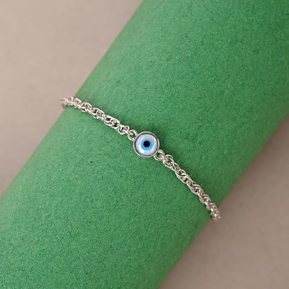 LukGud Silver Evil Eye Chain Bracelet, Adjustable, Anti Tarnish for Women and Girls