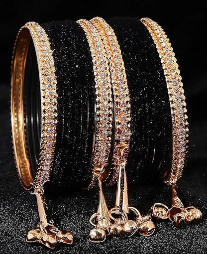 LukGud Velvet Studded Bells Latkan Bangles Set For Girls and Women -Pack of 16 Bangles