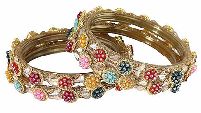 LukGud Bangles Kada Set with Golden Zircon Diamond and Beads For Women & Girls - Set of 2