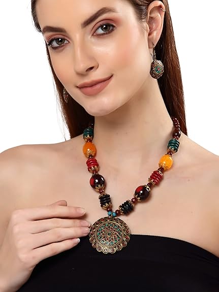 LukGud Latest Stylish Traditional Tibetan Pendant Necklace Jewellery Set for Women