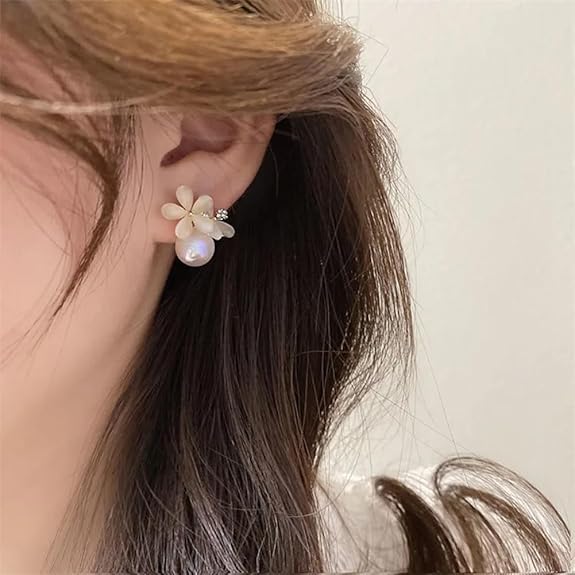 LukGud Latest Sweet Romantic Elegant White Flower Hoop Earrings