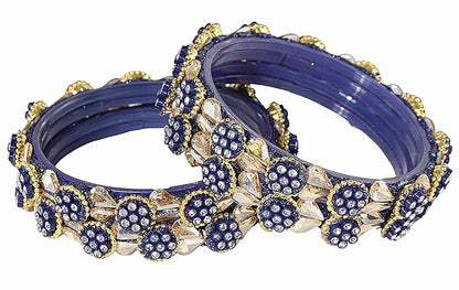 LukGud Stylish Glass Bangles Kada Set with Golden Zircon Diamond and Beads For Women & Girls