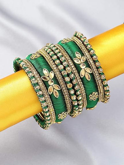 LukGud Kundan Studded Silk Thread Bangles Set