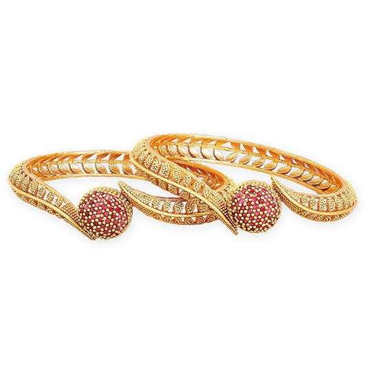 LukGud Set of 2 Gold Plated Ruby Studded Traditional Bangles for Women & Girls