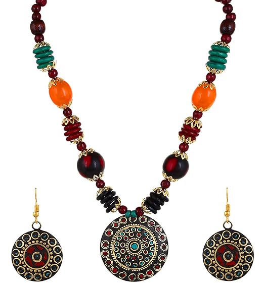 LukGud Stylish Latest Tibetan Pendant Necklace with Earrings for Women & Girls