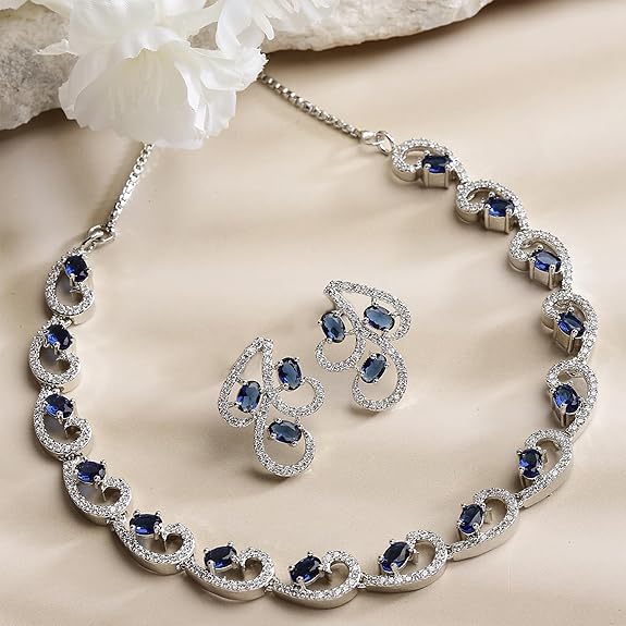 LukGud American Diamond studded Necklace and Drop Earrings Jewellery Set for women