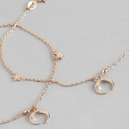 LukGud Silver Modest Moon Rose Gold Plating Chain Anklet (Pair) | Gift for Women & Girls |