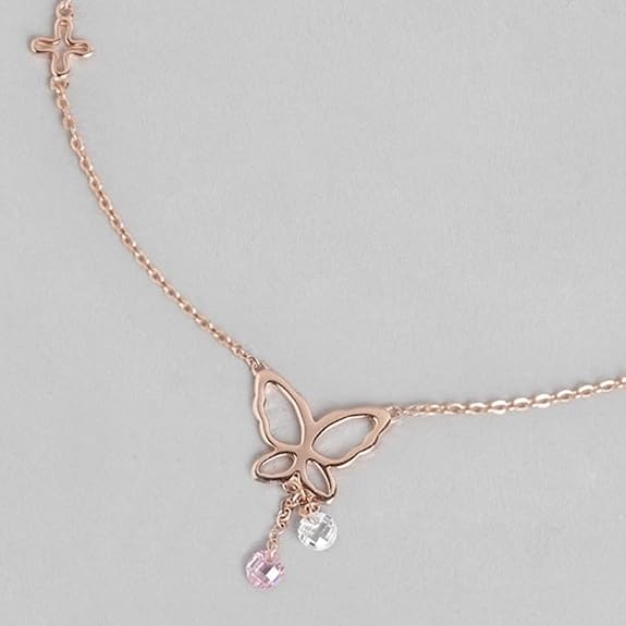 LukGud Silver Butterfly with Pink & White Drops Rose Gold Plating Anklet (Pair) | Gift for Women & Girls |