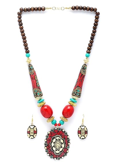LukGud Latest Stylish Traditional Tibetan Pendant Necklace Jewellery Set for Women