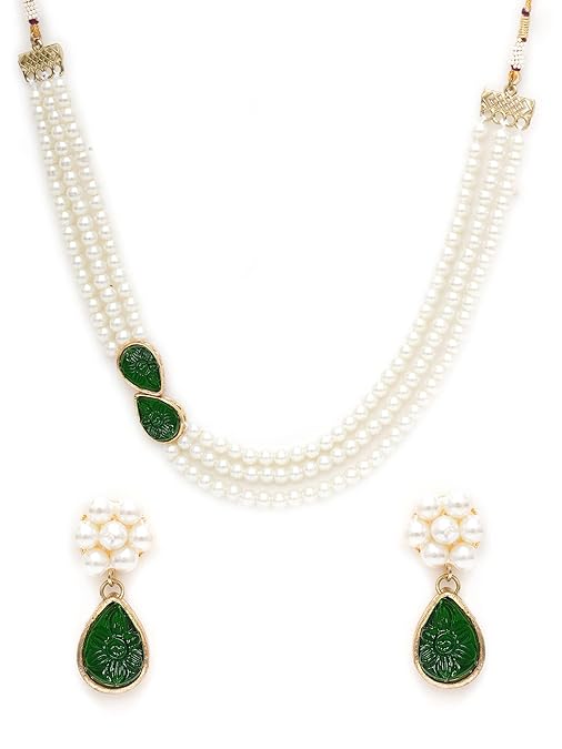 LukGud  Pink Stone Studded Pearl Kundan Necklace Set for Women