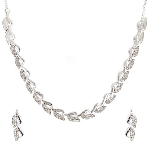 LukGud American Diamond Studded Intrcately Designed Leaf Shaped Necklace With Earring Jewellery Set For Women and Girl