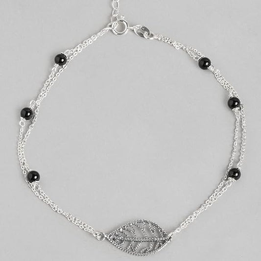 LukGud Silver Layered Designer Leaf Beaded Rhodium Plated Adjustable Chain Anklet (Single) | Gift for Women & Girls |