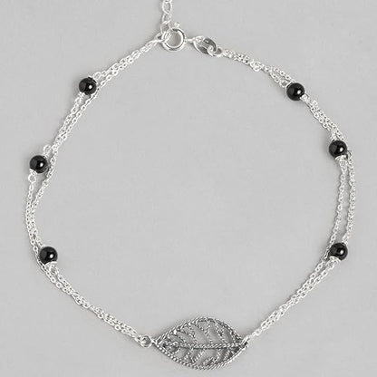 Silver Layered Designer Leaf Beaded Rhodium Plated Adjustable Chain Anklet (Single) | Gift for Women & Girls