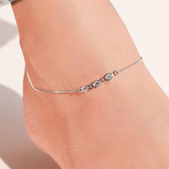 LukGud Silver Designer Cubic Zirconia Rhodium Plated Adjustable Chain Anklet (Single) | Gift for Women & Girls