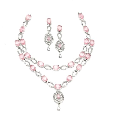 LukGud American Diamond Studded Abstract Necklace With Earrings Jewellery Set For Girls and Women
