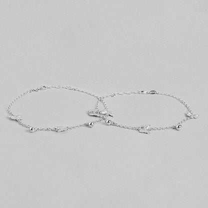 LukGud Silver Beads Butterfly Rhodium Plating Charm Anklet (Pair) | Gift for Women & Girls | With Certificate of Authenticity & 925 Stamp | Women's Day